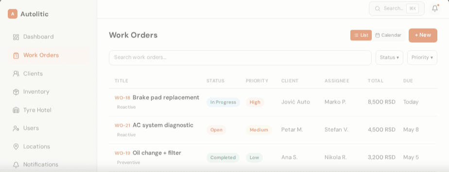 Autolitic work orders dashboard